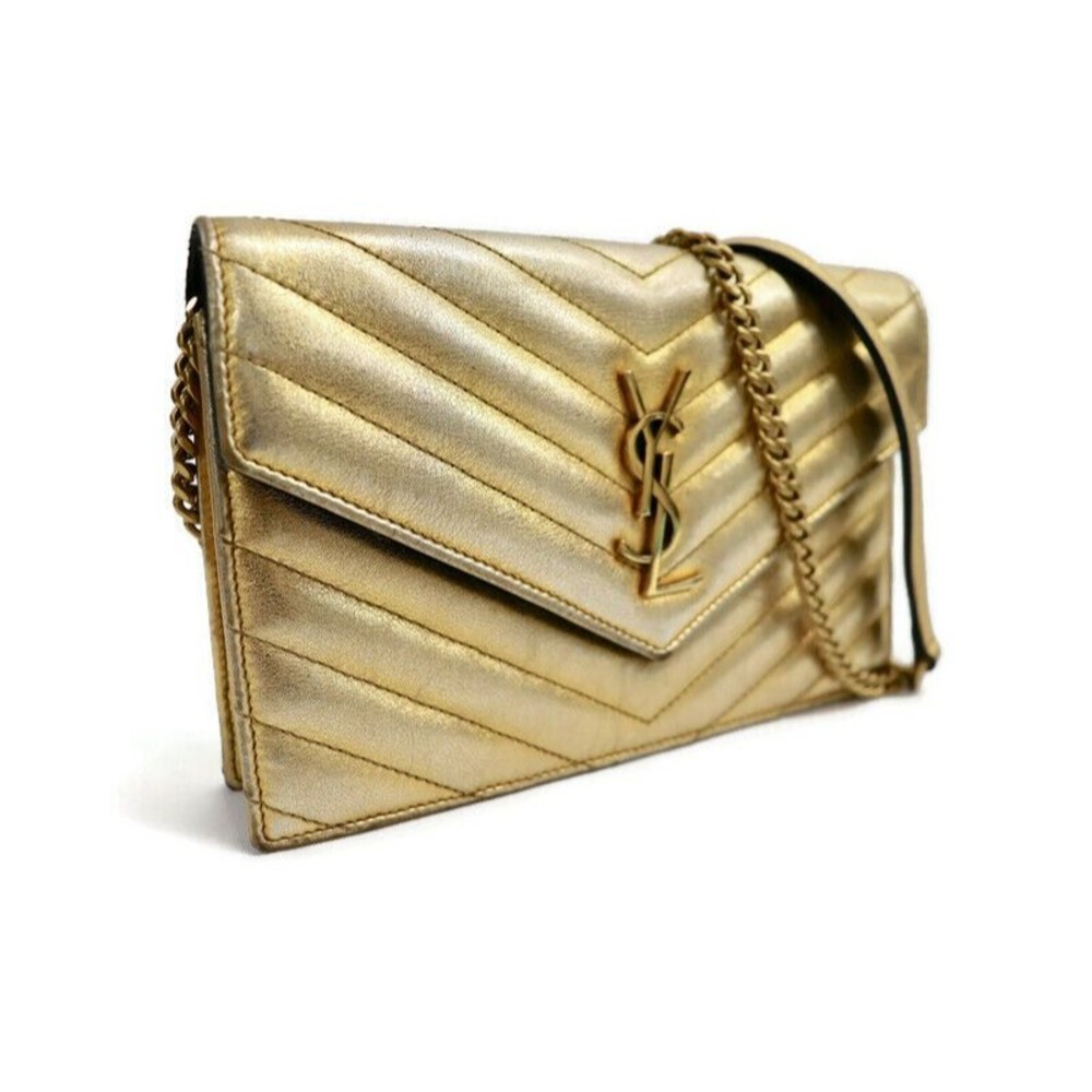 SAINT LAURENT - Metalasse Gold Monogram Chain Crossbody Bag / Wallet